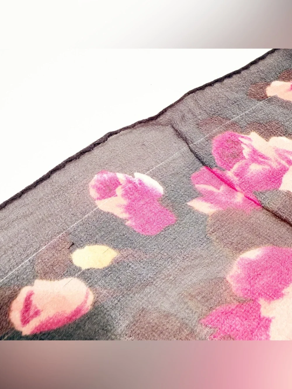 Anne Klein Black 100% Silk Floral Scarf with Pink & Peach Accents